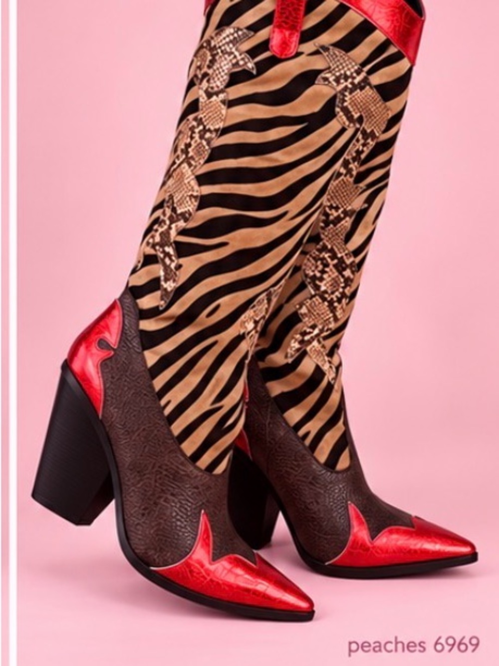 Gorgeous Zebra & Snakeskin Tall Western Boots with Red Metallic Trim - Picture 5 of 6